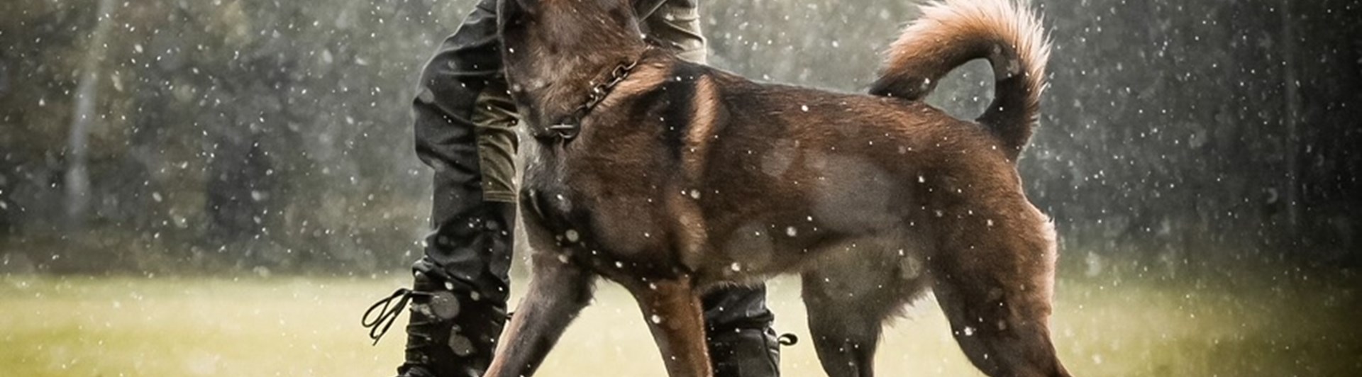 Ett ekipage, förare och malle, som går fot i regnet