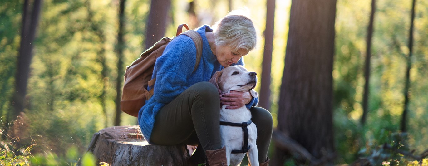 Kvinna med hund i skogen