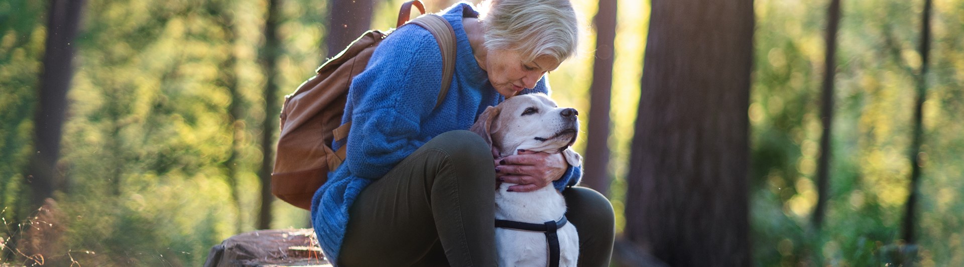 Kvinna med hund i skogen