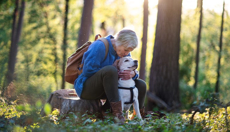 Kvinna med hund i skogen