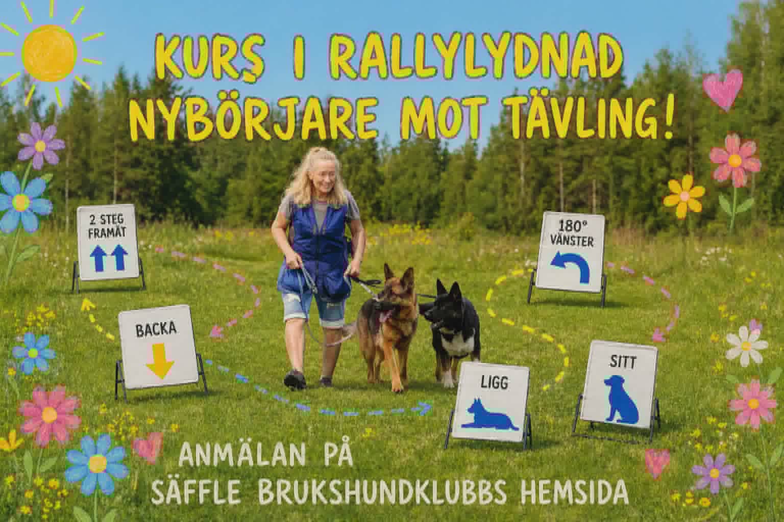Ai-genererad bild på en person och två hundar som går en rallylydnadsbana.