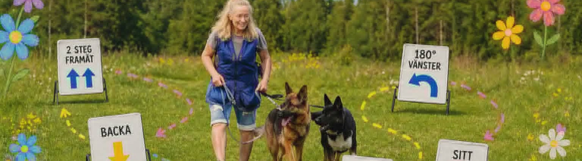 Ai-genererad bild på en person och två hundar som går en rallylydnadsbana.