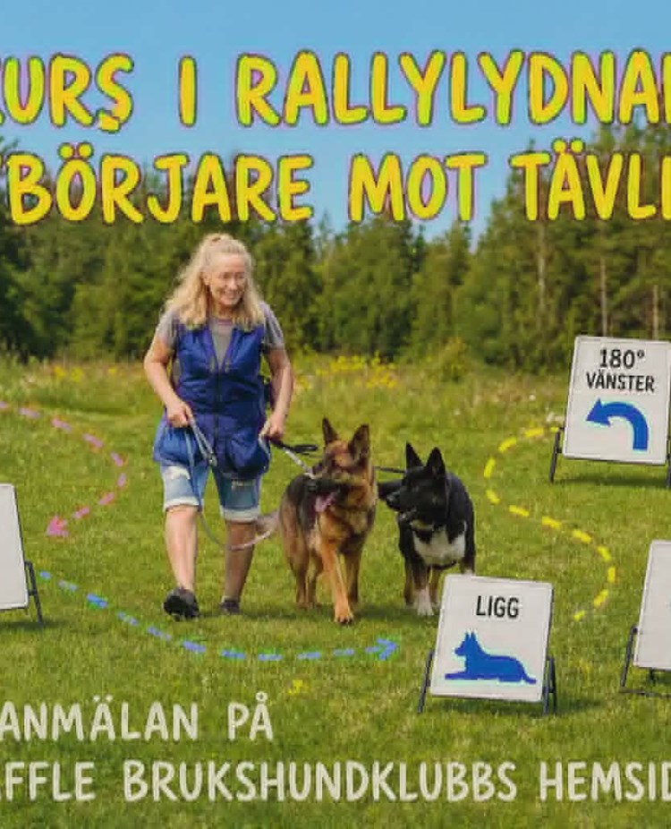 Ai-genererad bild på en person och två hundar som går en rallylydnadsbana.