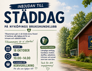 Inbjudan till städdag den 18 oktober 2026 på Nyköpings Brukshundklubb klockan 10 till 14. Vi bjuder på grillad korv. Medtag gärna lämpliga verktyg.