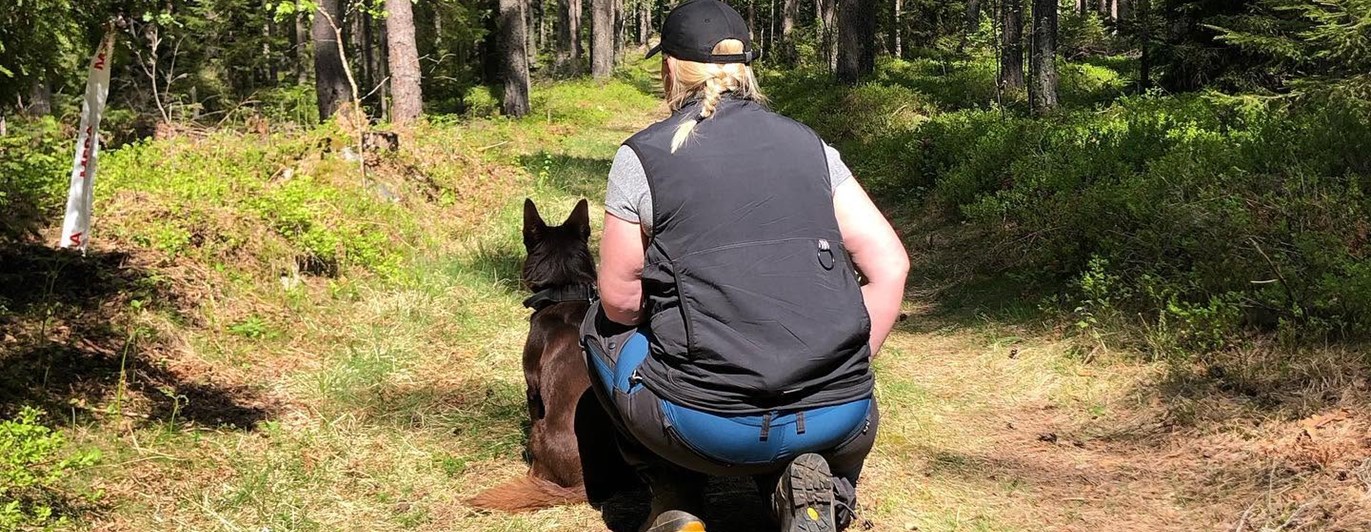 Sittande förare med hund framför