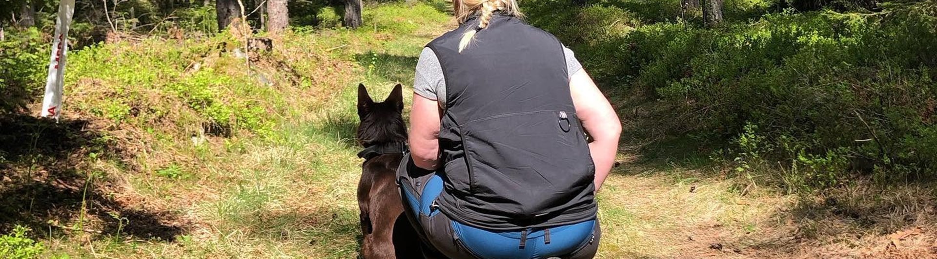 Sittande förare med hund framför