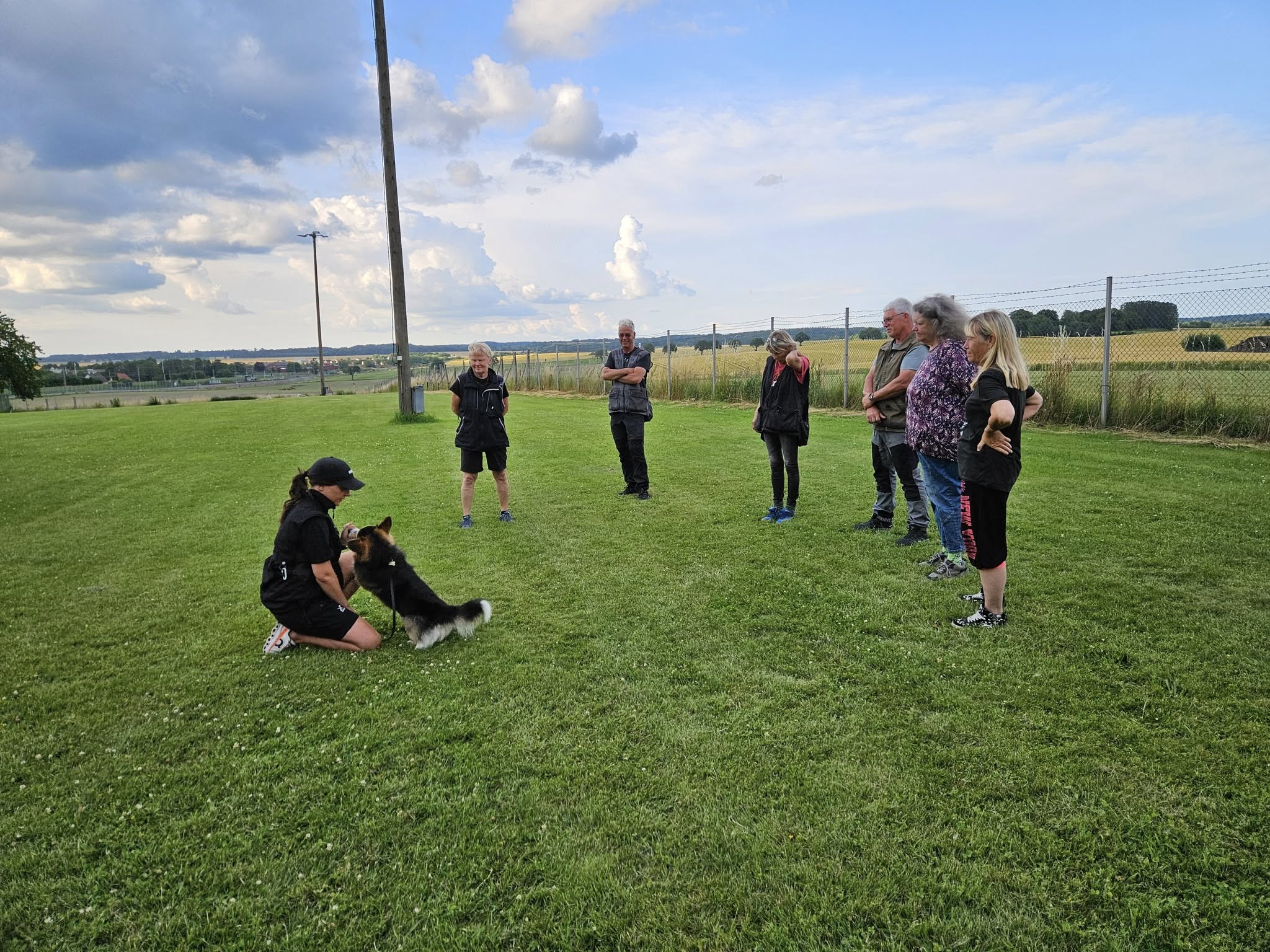 Sex personer står i en halvcirkel om hundförare och liten hund. 