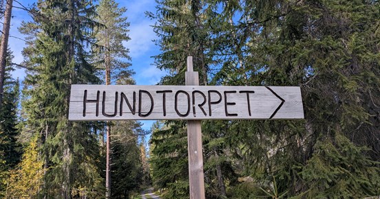 Skylt i trä med texten Hundtorpet och en pil.