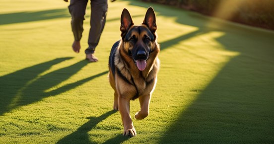 Schäfer som går framför förare