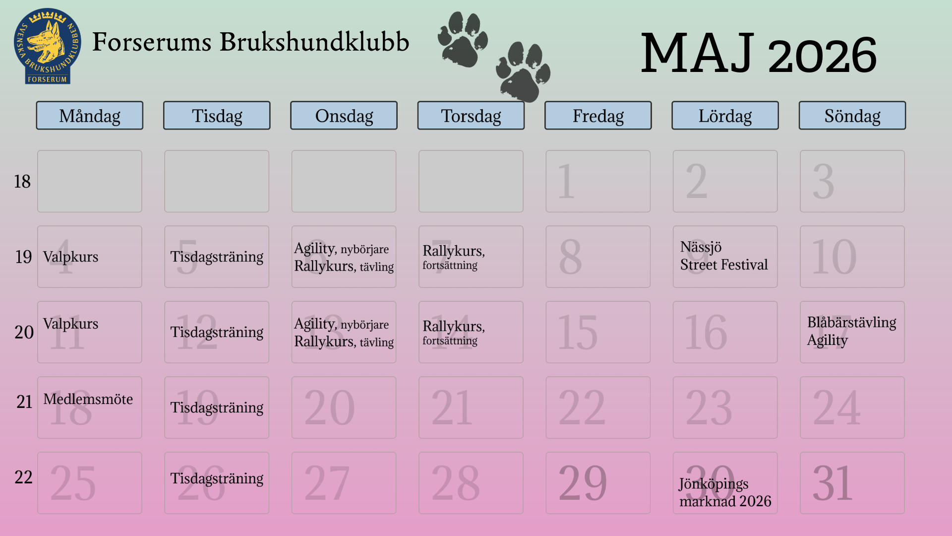 Kalendervy över maj månad