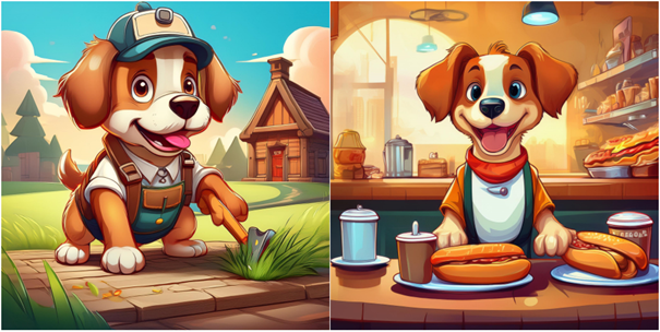 Två bilder, en med tecknad hund som fixar utanför stuga och en med tecknad hund som är värd i cafeteria