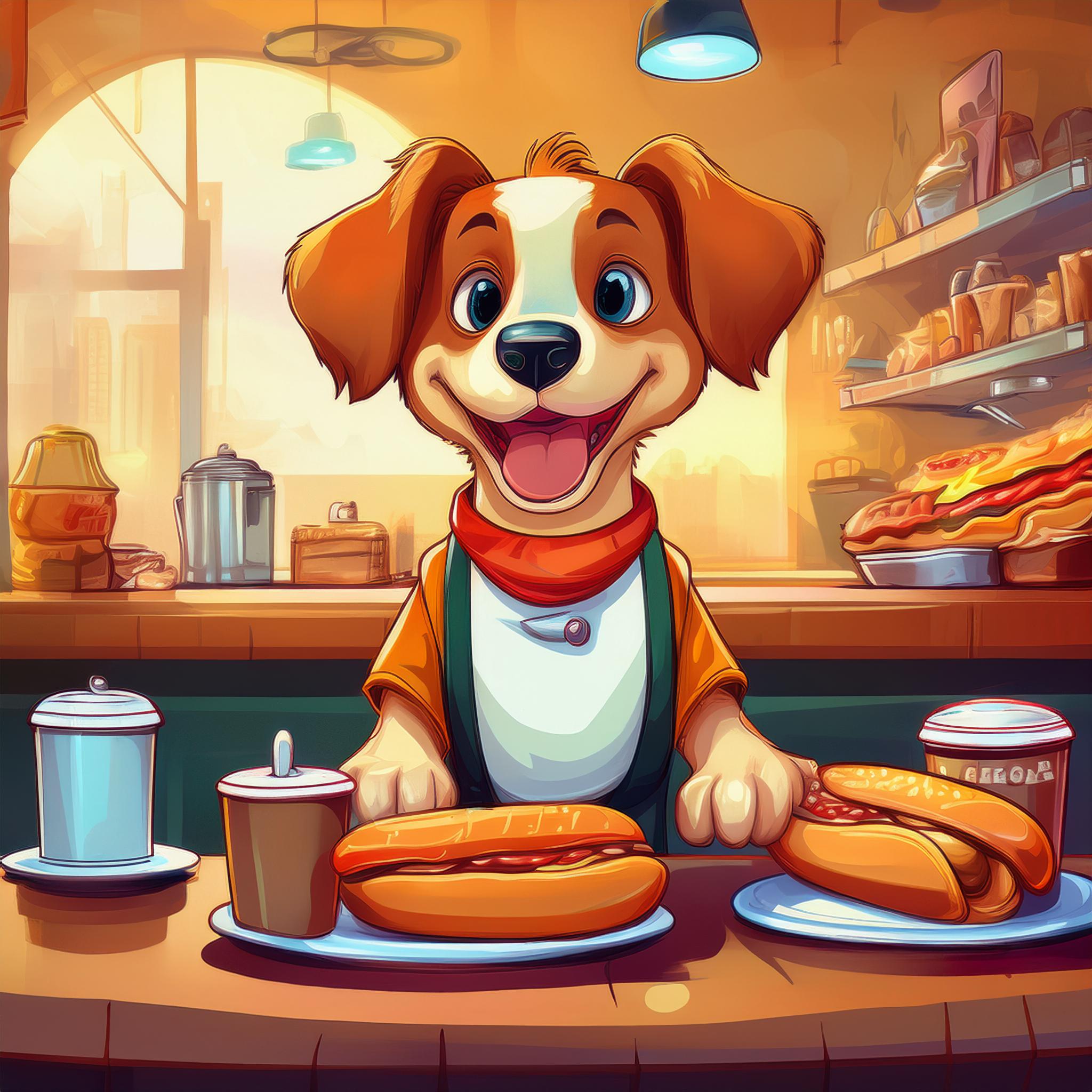 Tecknad hund som värd i cafeteria