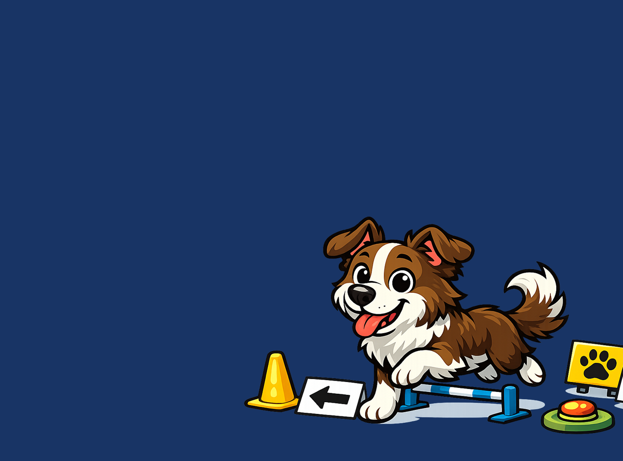 Tecknad hund på rallylydnadsbana