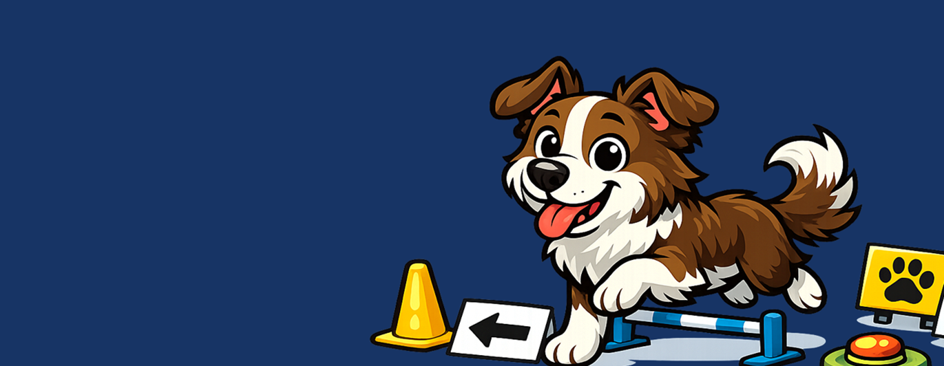 Tecknad hund på rallylydnadsbana
