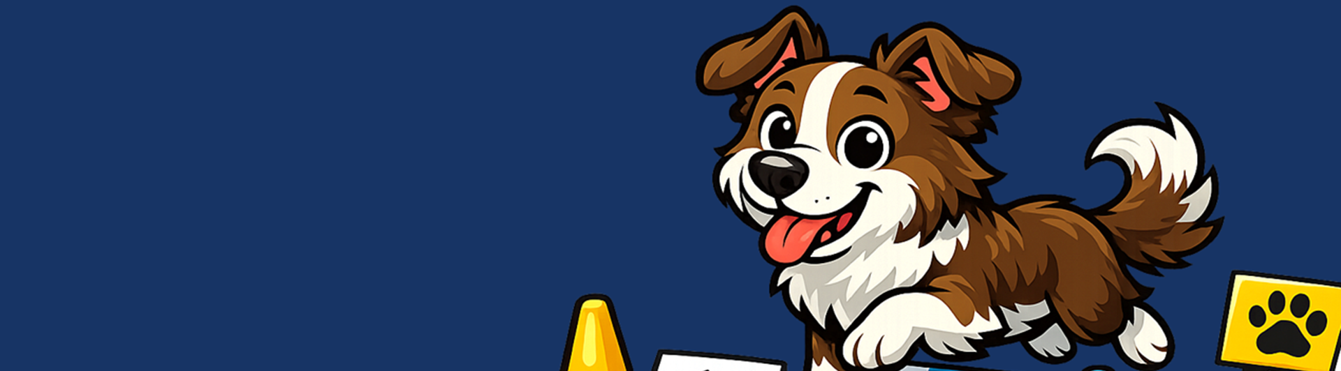 Tecknad hund på rallylydnadsbana