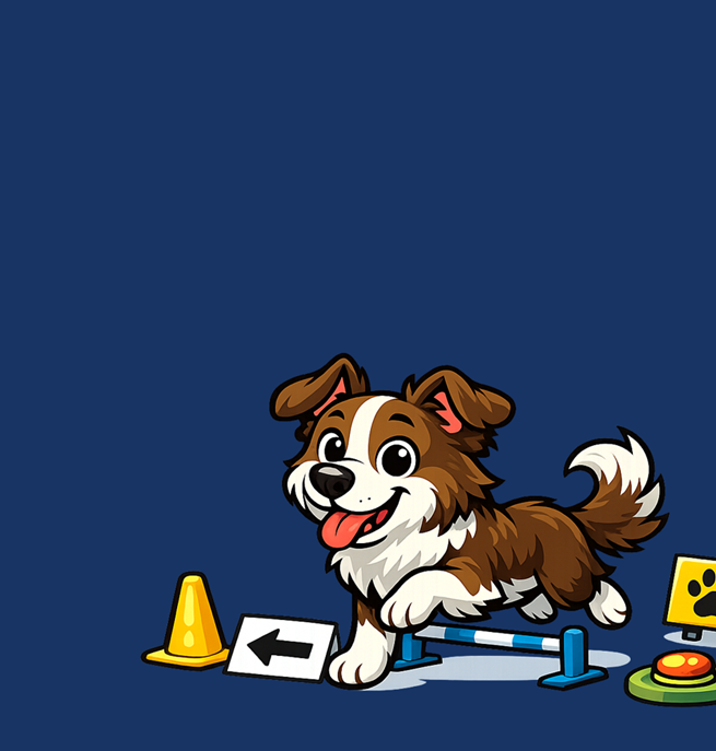 Tecknad hund på rallylydnadsbana