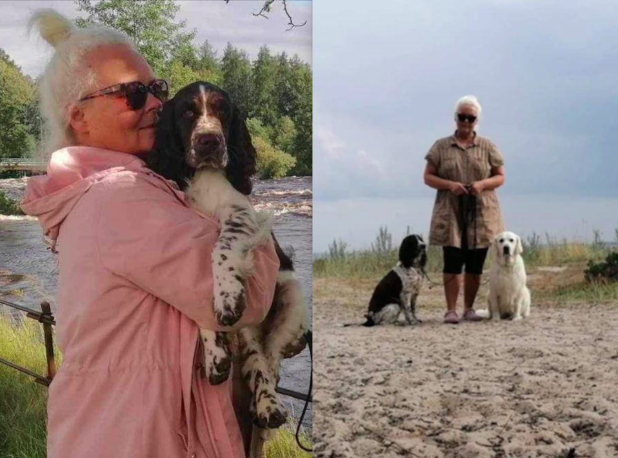 kvinna med valp i famnen, samt kvinna med springer spaniel och en golden