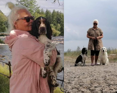 kvinna med valp i famnen, samt kvinna med springer spaniel och en golden