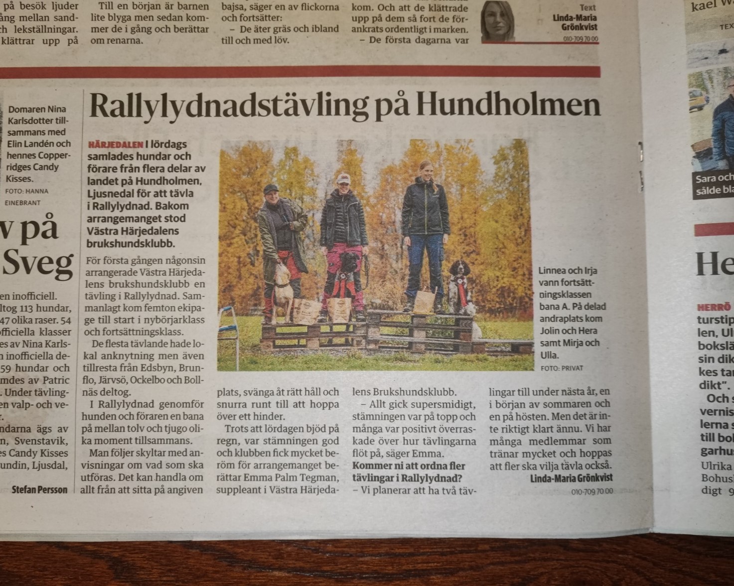 Artikel från Tidningen Härjedalen sept-22 från klubbens första rallylydnadstävling.