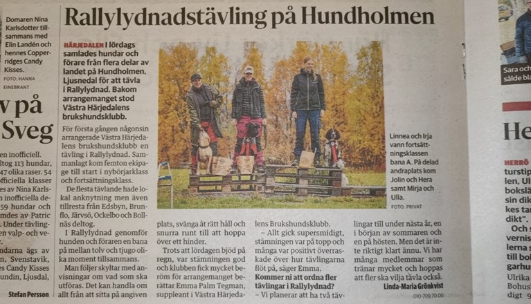 Artikel från Tidningen Härjedalen sept-22 från klubbens första rallylydnadstävling.
