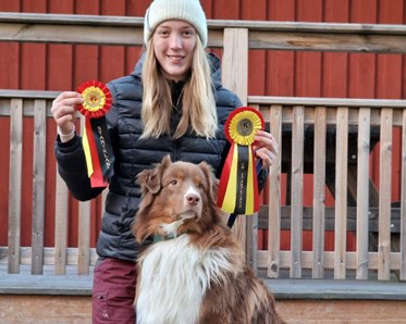 Hund på prispallen tillsammans med matte och prisrosetter