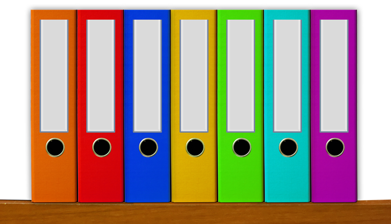 Bild som visar dokumentpärmar i färg.