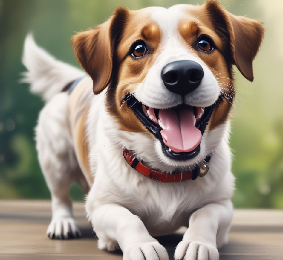 Glad AI-genererad hund tittar in i kameran