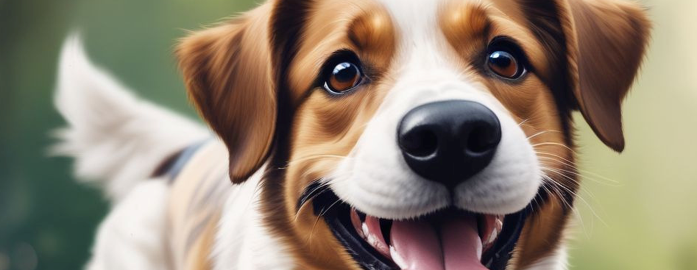 Glad AI-genererad hund tittar in i kameran