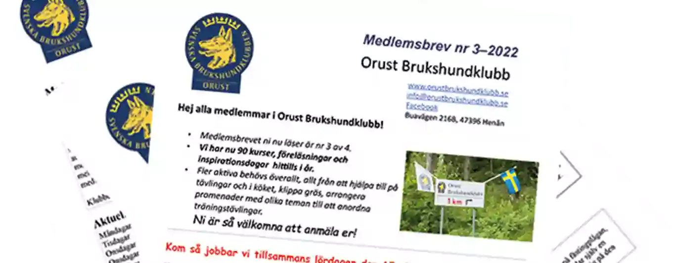 Tre av Orust Brukshundklubbs medlemsbrev i hög.