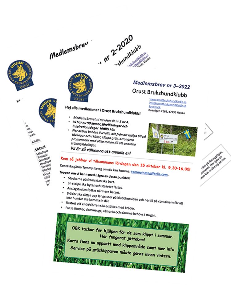 Tre av Orust Brukshundklubbs medlemsbrev i hög.